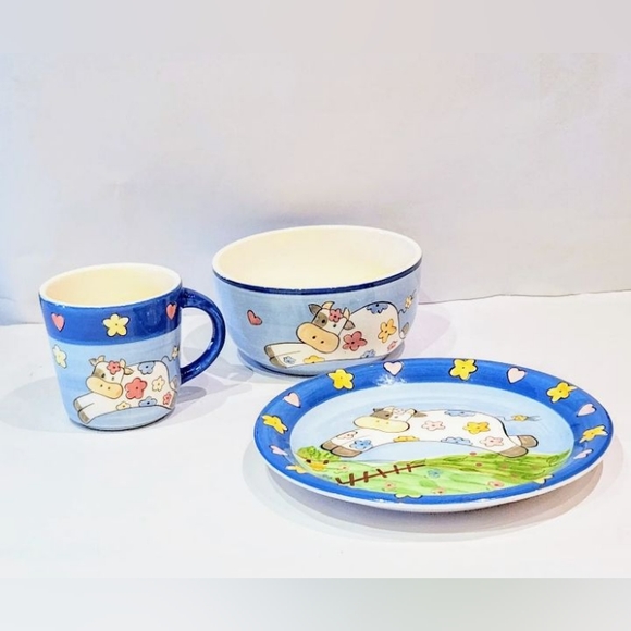 Children ceramic dish set. Masa Int.(?) VTG plate bowl and mug w/ cow hearts - Picture 2 of 9